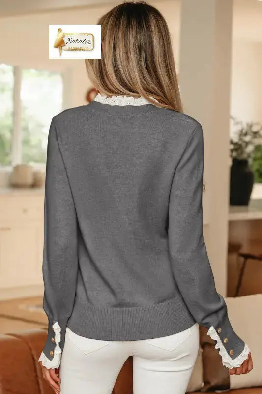 Jet Stream Lace Trim Patchwork Buttoned Cuffs Loose Sweater Dear-Lover Dropshipping