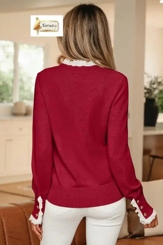 Jet Stream Lace Trim Patchwork Buttoned Cuffs Loose Sweater Dear-Lover Dropshipping