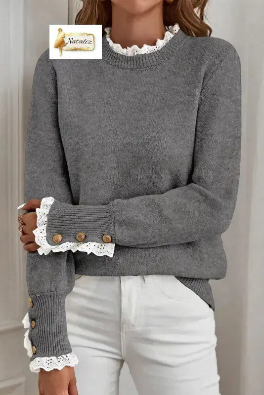 Jet Stream Lace Trim Patchwork Buttoned Cuffs Loose Sweater Dear-Lover Dropshipping