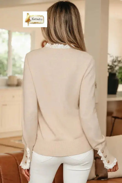 Jet Stream Lace Trim Patchwork Buttoned Cuffs Loose Sweater Dear-Lover Dropshipping