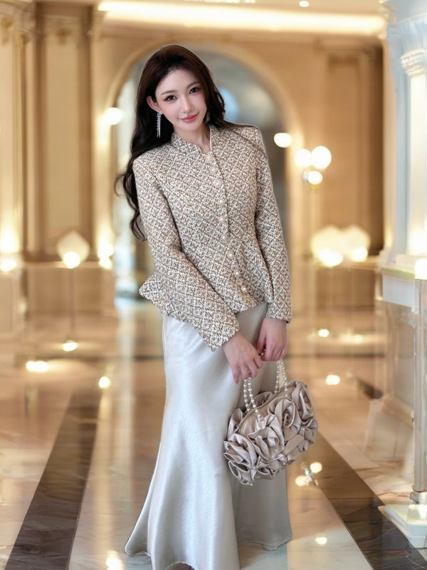 Tweed Peplum Jacket & Satin Maxi Skirt Set model front view · nz-bg-v1