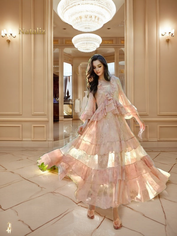 Blush Tiered Ruffle Maxi Dress with Lace Panels model front view