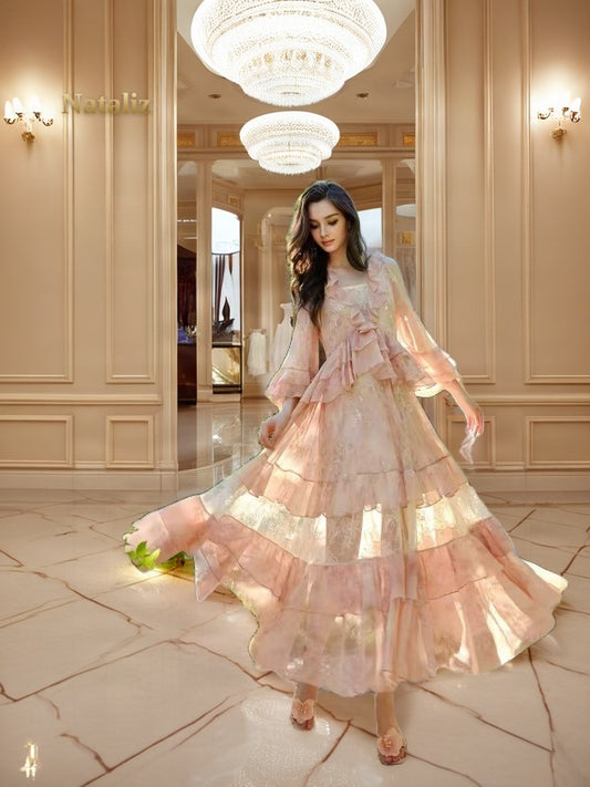 Blush Tiered Ruffle Maxi Dress with Panelled Skirt model front view