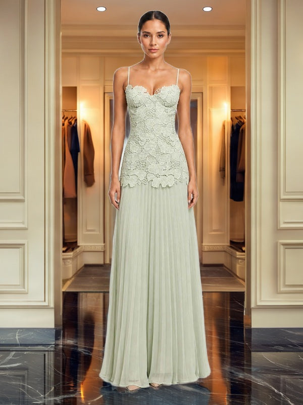 Sage Lace Bodice Pleated Maxi Dress model front view · nz-bg-v1