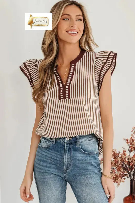 Khaki Stripe Double Ruffled Short Sleeve V Neck Blouse Nataliz
