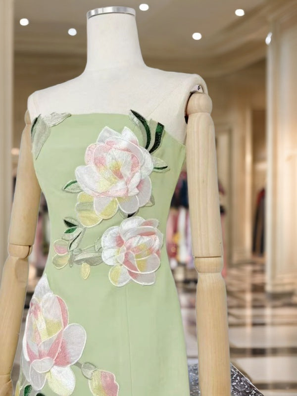 Strapless Mini Dress with Floral Appliqué in Soft Lime mannequin view · nz-bg-v1