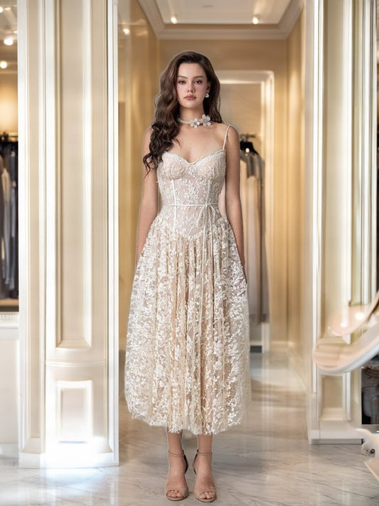 Ivory Lace Corset Midi Dress with Tie Waist model front view · nz-bg-v1