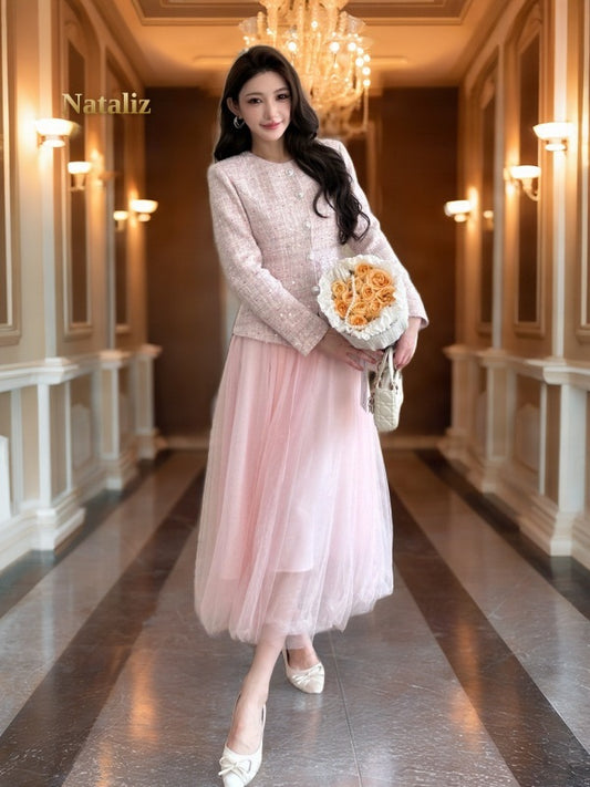 Pink Cropped Jacket and Flared Midi Skirt Set model front view