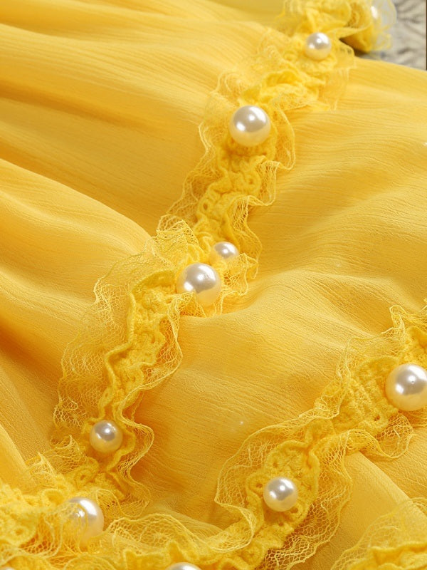 Strapless High-Low Tiered Gown in Sunshine Yellow detail view · nz-bg-v1