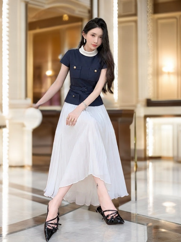 Navy Belted Top & White Pleated Maxi Skirt Set model front view · nz-bg-v1