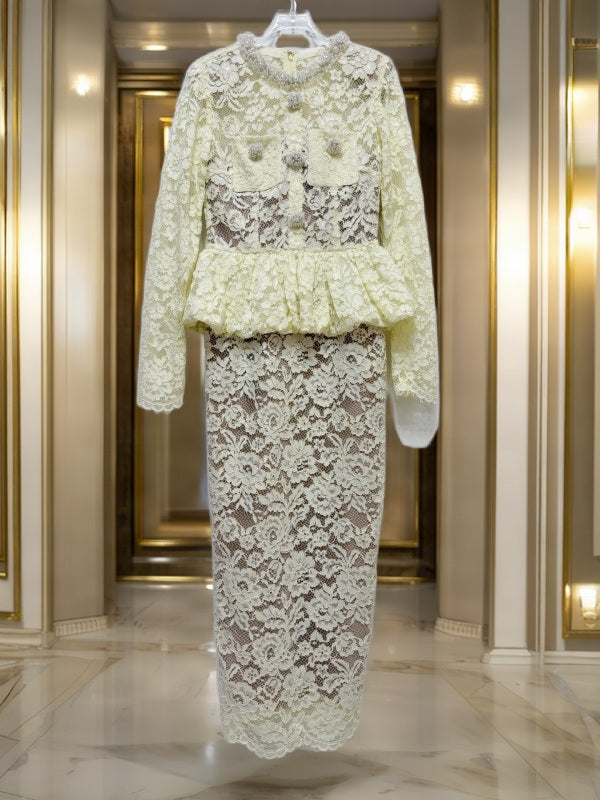 Ivory Lace Peplum Top and Maxi Skirt Set hanging view · nz-bg-v1