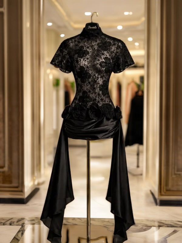 Sheer Lace Bodice High-Low Maxi Dress in Black hanging view · nz-bg-v1