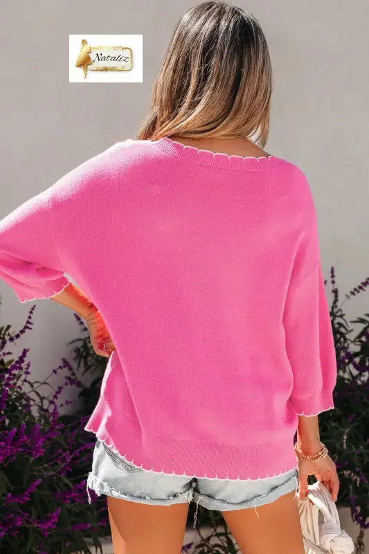 Light Blue Big Ribbon Bow Print Contrast Stitch Trim Drop Shoulder Sweater Nataliz