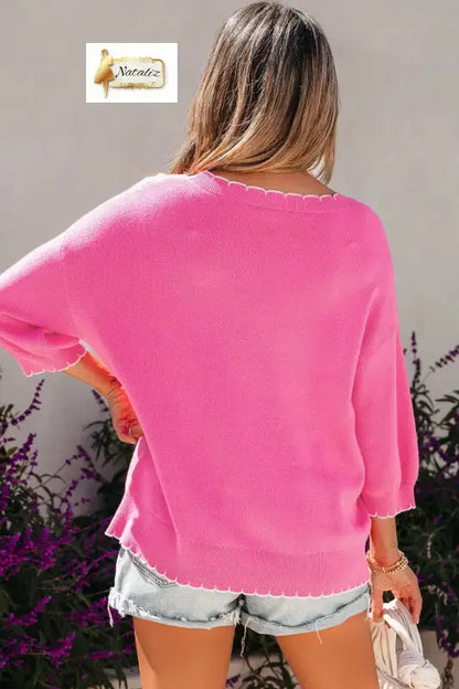 Light Blue Big Ribbon Bow Print Contrast Stitch Trim Drop Shoulder Sweater Nataliz