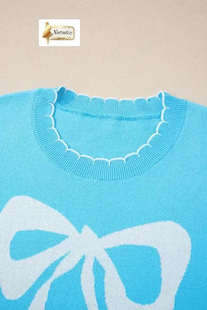 Light Blue Big Ribbon Bow Print Contrast Stitch Trim Drop Shoulder Sweater Nataliz