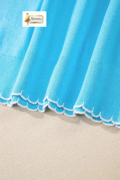 Light Blue Big Ribbon Bow Print Contrast Stitch Trim Drop Shoulder Sweater Nataliz