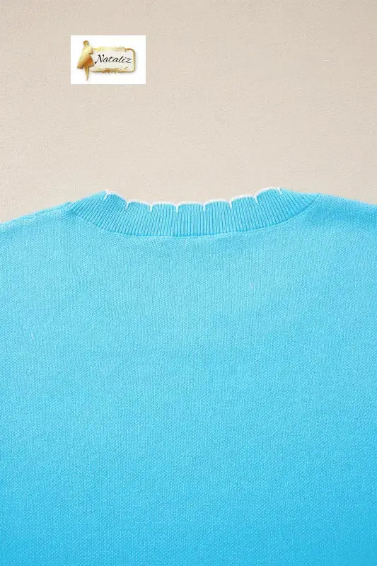 Light Blue Big Ribbon Bow Print Contrast Stitch Trim Drop Shoulder Sweater Nataliz