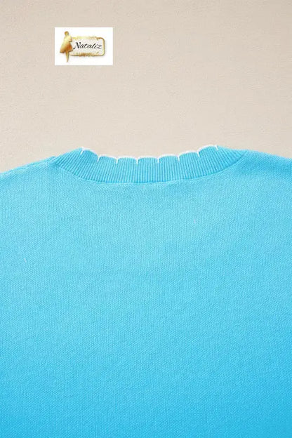 Light Blue Big Ribbon Bow Print Contrast Stitch Trim Drop Shoulder Sweater Nataliz