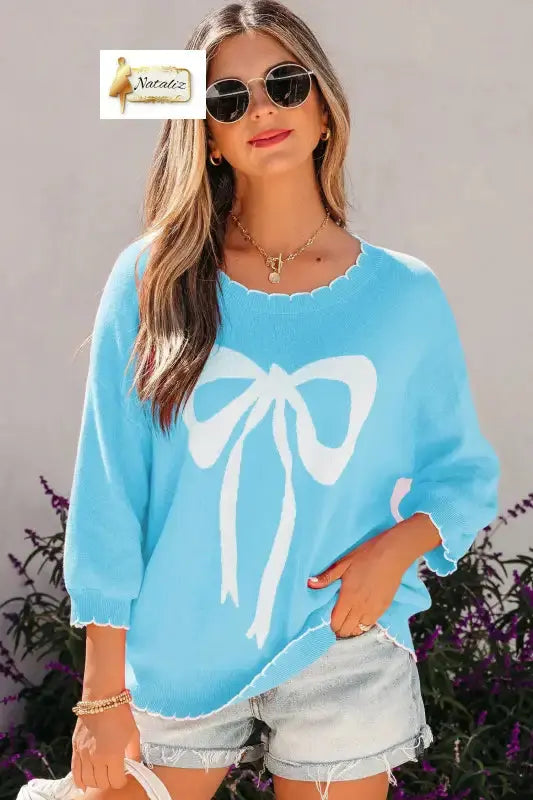 Light Blue Big Ribbon Bow Print Contrast Stitch Trim Drop Shoulder Sweater Nataliz
