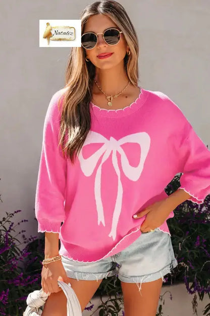 Light Blue Big Ribbon Bow Print Contrast Stitch Trim Drop Shoulder Sweater Nataliz