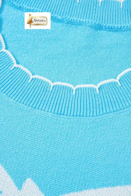 Light Blue Big Ribbon Bow Print Contrast Stitch Trim Drop Shoulder Sweater Nataliz