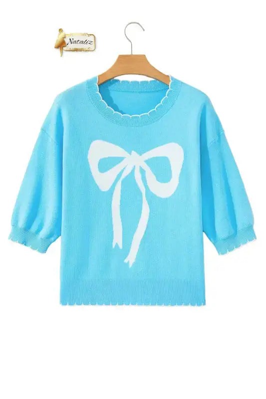 Light Blue Big Ribbon Bow Print Contrast Stitch Trim Drop Shoulder Sweater Nataliz