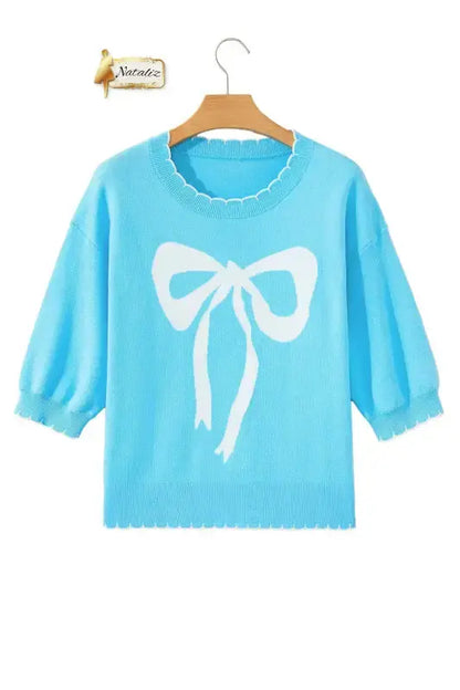 Light Blue Big Ribbon Bow Print Contrast Stitch Trim Drop Shoulder Sweater Nataliz