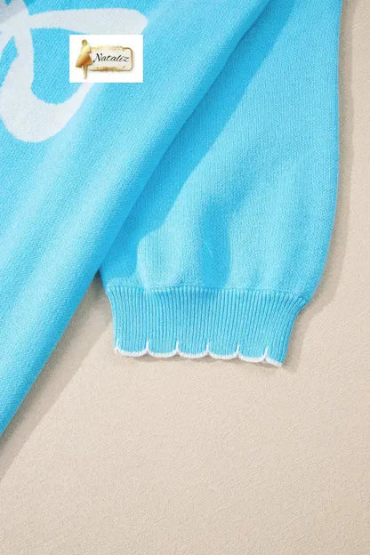 Light Blue Big Ribbon Bow Print Contrast Stitch Trim Drop Shoulder Sweater Nataliz