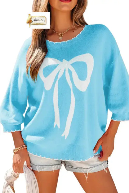 Light Blue Big Ribbon Bow Print Contrast Stitch Trim Drop Shoulder Sweater Nataliz