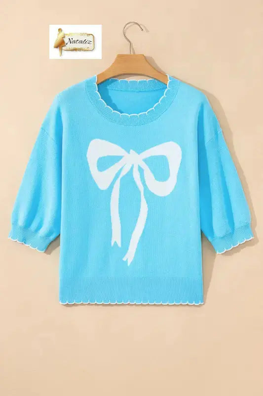 Light Blue Big Ribbon Bow Print Contrast Stitch Trim Drop Shoulder Sweater Nataliz