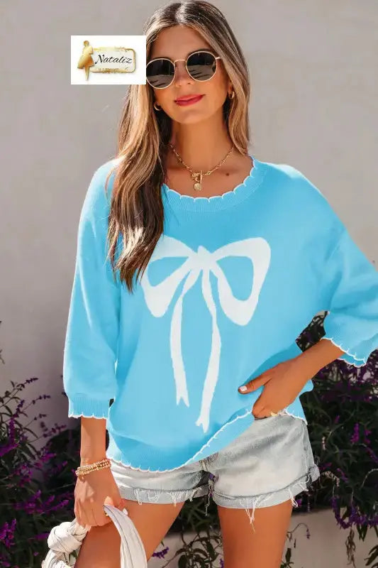 Light Blue Big Ribbon Bow Print Contrast Stitch Trim Drop Shoulder Sweater Nataliz