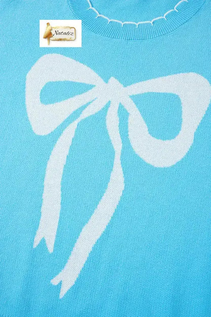 Light Blue Big Ribbon Bow Print Contrast Stitch Trim Drop Shoulder Sweater Nataliz