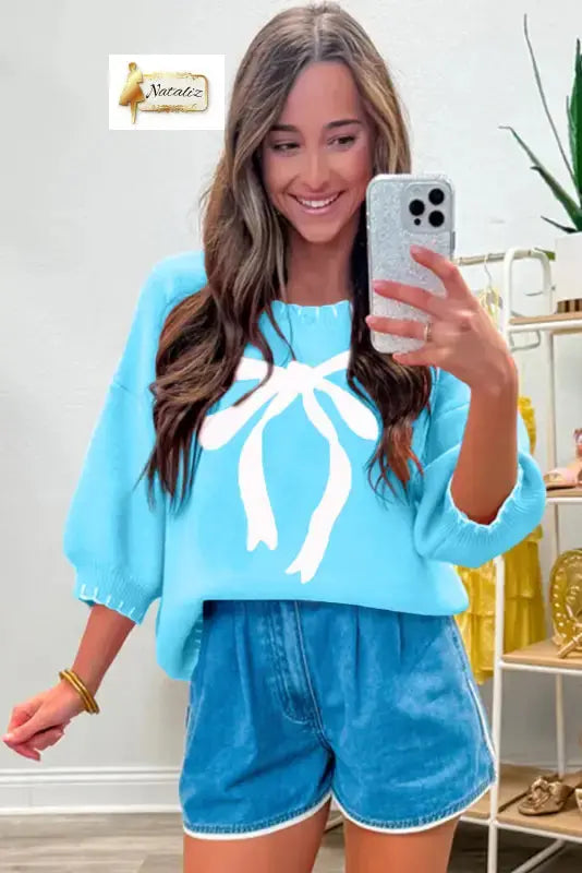 Light Blue Big Ribbon Bow Print Contrast Stitch Trim Drop Shoulder Sweater Nataliz