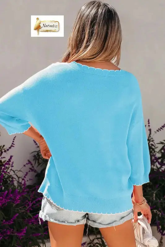 Light Blue Big Ribbon Bow Print Contrast Stitch Trim Drop Shoulder Sweater Nataliz