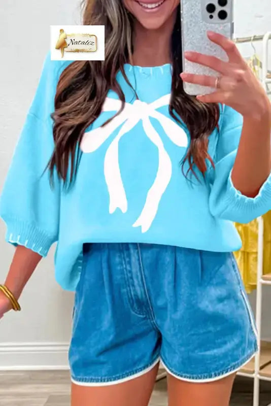 Light Blue Big Ribbon Bow Print Contrast Stitch Trim Drop Shoulder Sweater Nataliz
