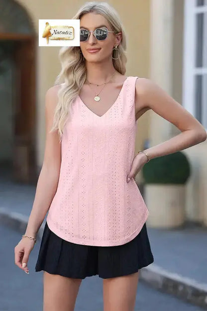 Light Pink Eyelet Knit Patterned Loose V Neck Tank Top Nataliz