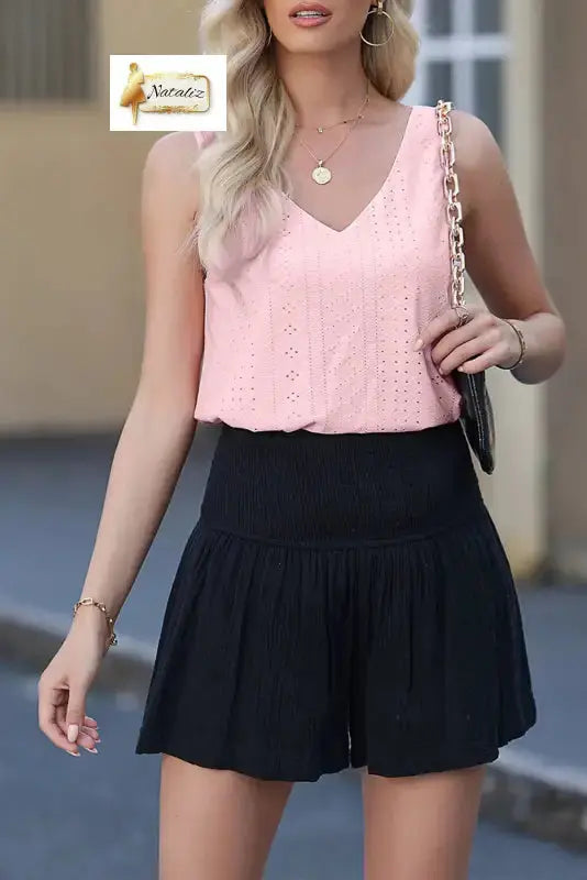 Light Pink Eyelet Knit Patterned Loose V Neck Tank Top Dear-Lover Dropshipping