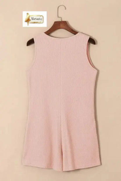 Light Pink Waffle Sleeveless U Neck Buttons Romper With Pockets Nataliz