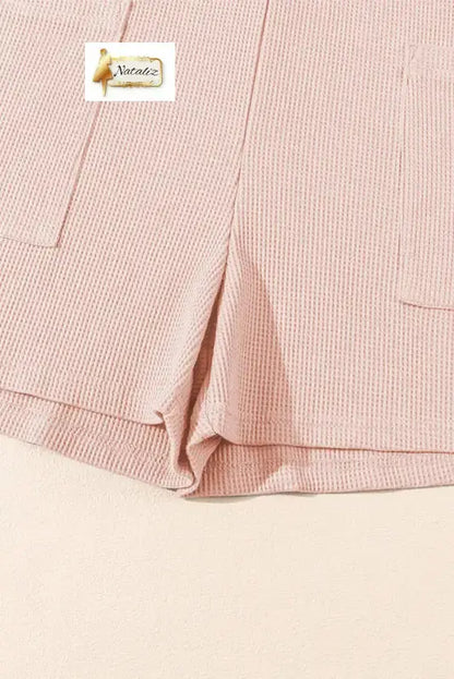 Light Pink Waffle Sleeveless U Neck Buttons Romper With Pockets Nataliz