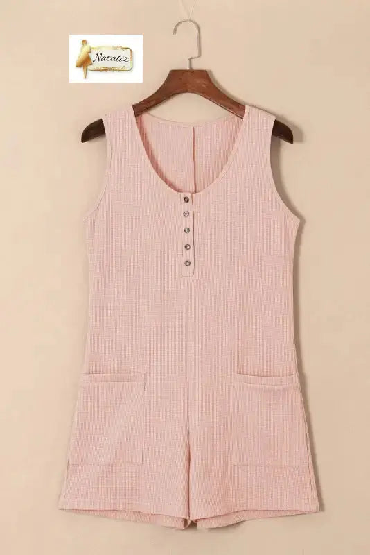 Light Pink Waffle Sleeveless U Neck Buttons Romper With Pockets Nataliz
