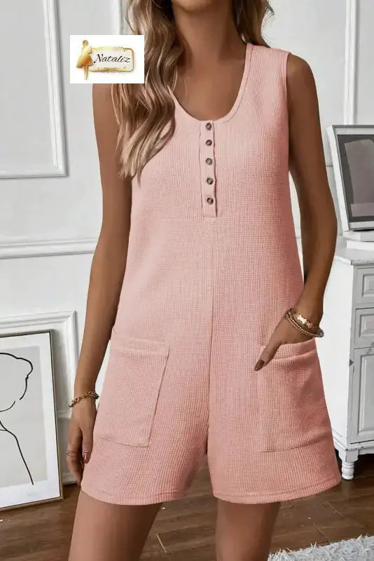 Light Pink Waffle Sleeveless U Neck Buttons Romper With Pockets Nataliz