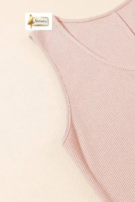 Light Pink Waffle Sleeveless U Neck Buttons Romper With Pockets Nataliz