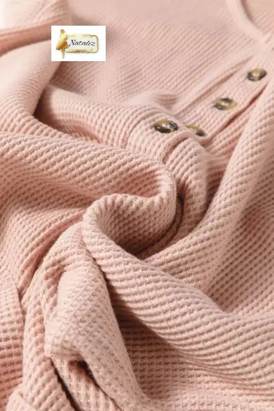 Light Pink Waffle Sleeveless U Neck Buttons Romper With Pockets Nataliz