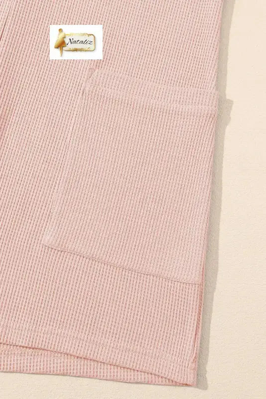 Light Pink Waffle Sleeveless U Neck Buttons Romper With Pockets Nataliz