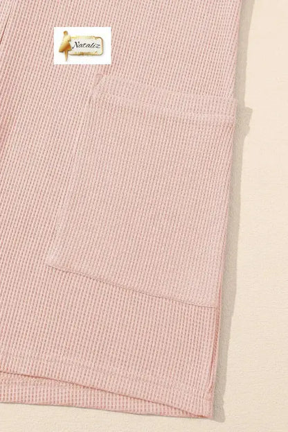 Light Pink Waffle Sleeveless U Neck Buttons Romper With Pockets Nataliz