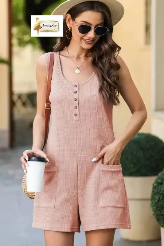Light Pink Waffle Sleeveless U Neck Buttons Romper With Pockets Nataliz