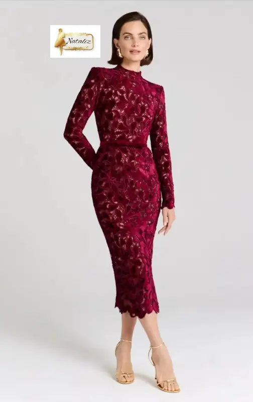 Luxury Floral Lace Hollow Long-Sleeve Bodycon Dress Nataliz