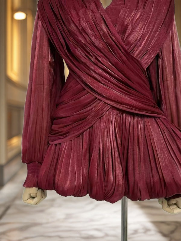 Draped Bubble Hem Mini Dress with Blouson Sleeves mannequin view · nz-bg-v1