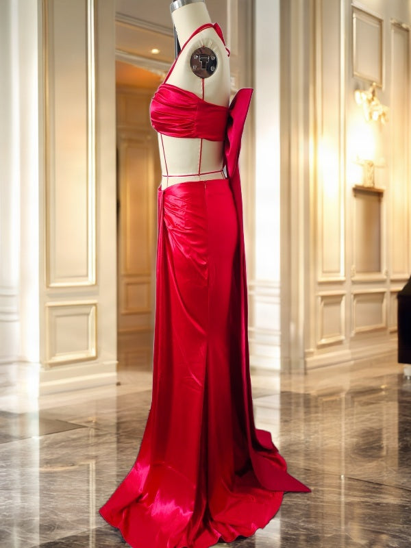 Red Halter Bow-Back Two-Piece Gown Set side view · nz-bg-v1