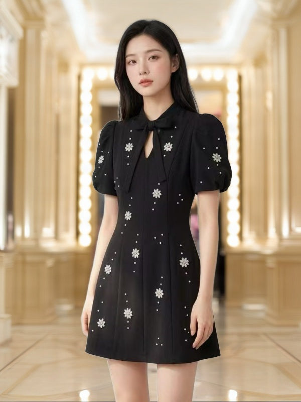 Beaded Daisy Bow-Neck Puff Sleeve Mini Dress model front view · nz-bg-v1